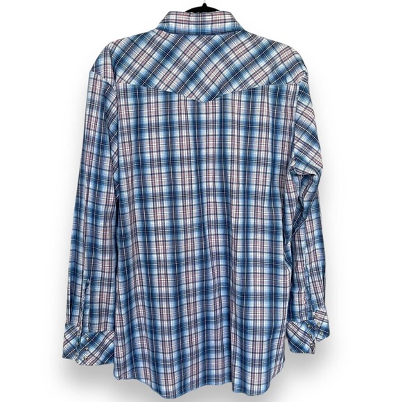 Vintage 90s Wrangler Blue White Red Plaid Western Pearl Snap Shirt Size Large - Picture 2 of 4